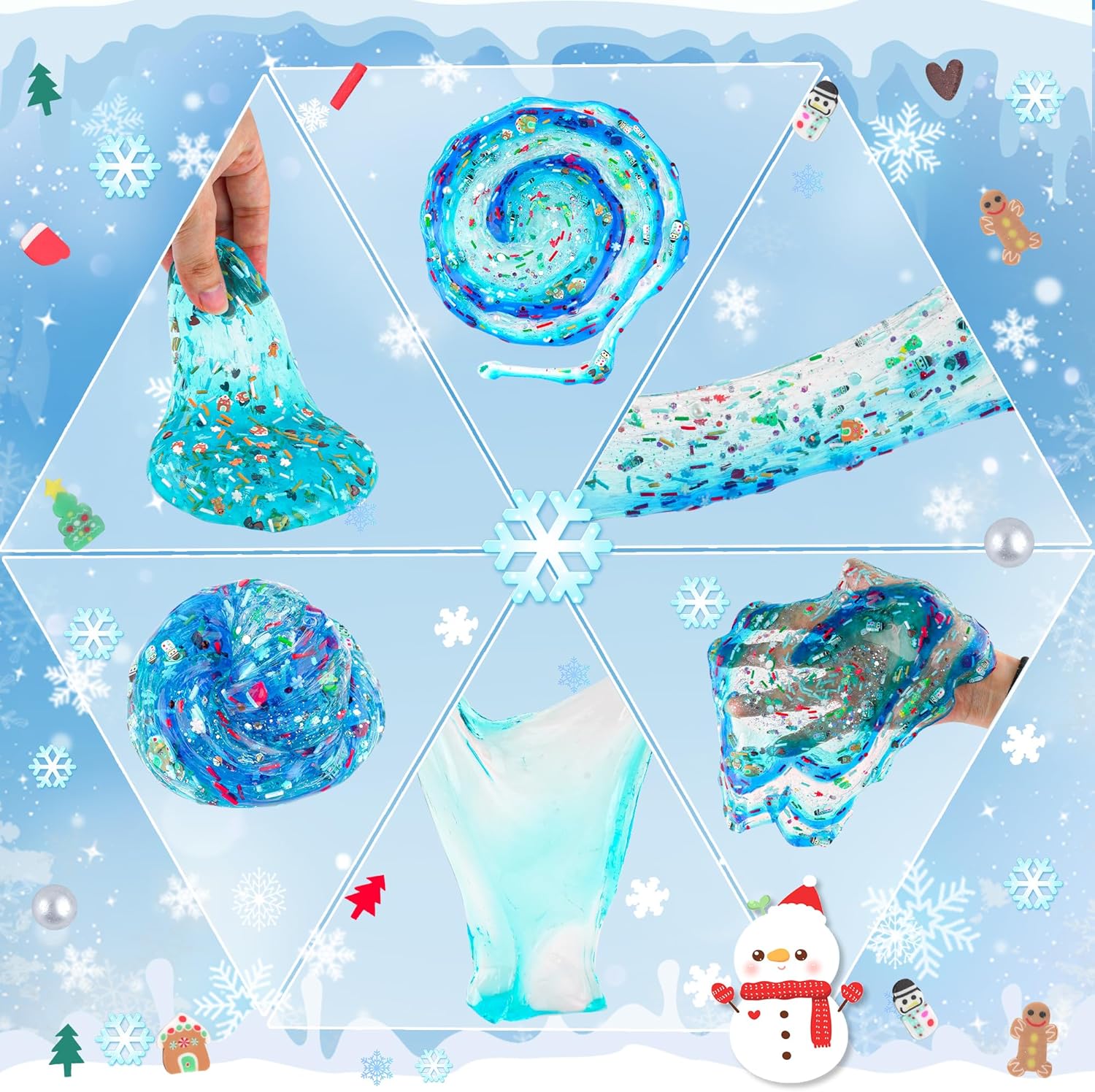 6er-Pack Weihnachts-Bastelset mit Schneemann-Schleim und Ton zum Selbermachen, Set zum Bauen eines Schneemanns, 6 transparente Kristallschleime und 40 Zubehörteile ab 4 Jahren